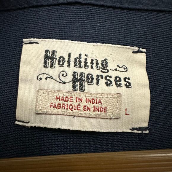 HOLDING HORSES ANTHROPOLOGIE Tunic Shirt Navy Blue Roll Tab Sleeve - Picture 7 of 11